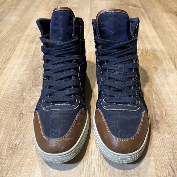 Gucci High Top Sneakers GG Blue Canvas Monogram CLEAN Logo 283484 Mens Size 8.5